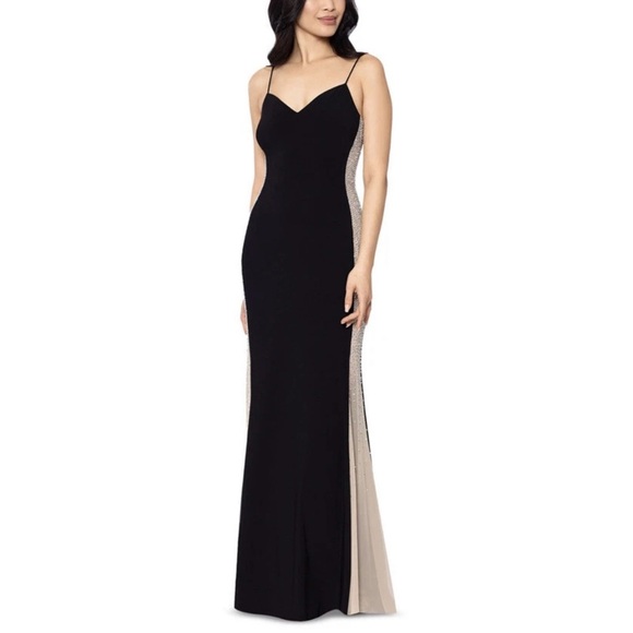 XSCAPE Black Nude Jersey Slip Dress Beaded Illusion Side Panels Size 6 NWT  - threedaughtersproperties.com